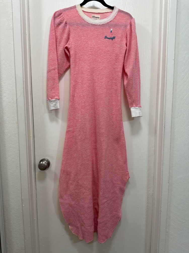 Katz Women Waffle Knit Kitten Pajama Dress Size S Whimsical Goodnight Sleepwear
