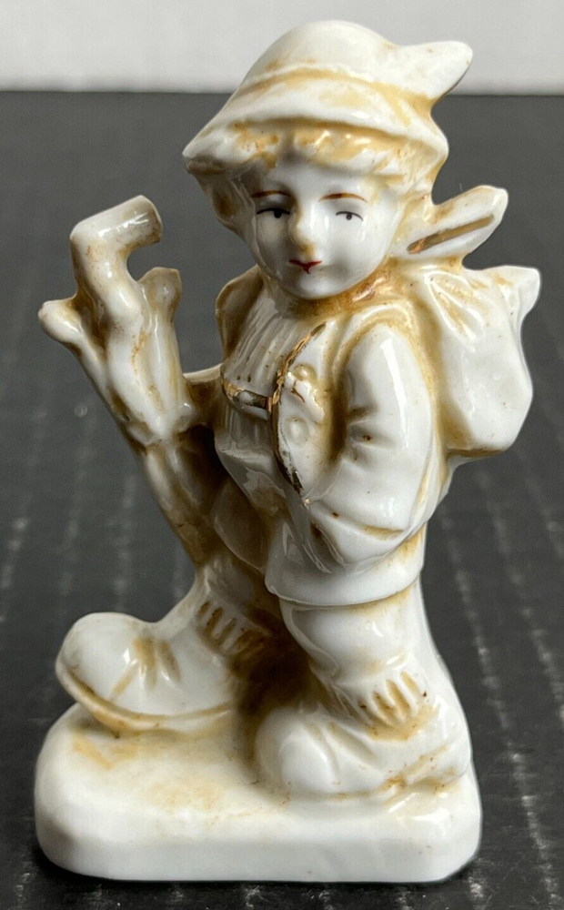 1960s Japanese Vintage Porcelain Kid with Umbrella Rain Boots Backpack Figurine