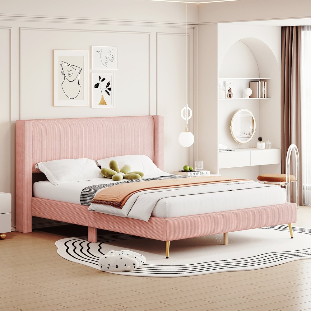 Queen Corduroy Platform Bed Pink