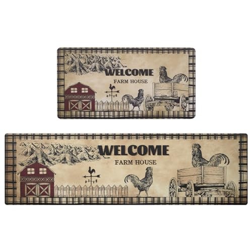 Farmhouse Kitchen Rug Set 2-Piece Waterproof PVC Mat with Rooster Design