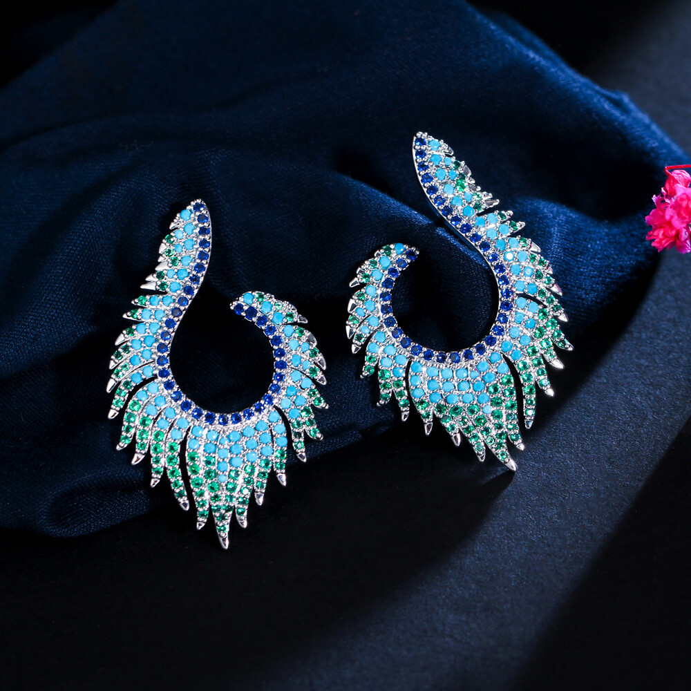 Unique Geometric Turkish Blue CZ 925 Silver Fringe Stud Earrings for Women
