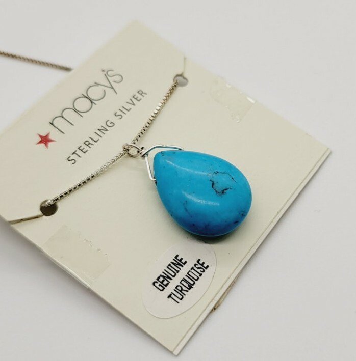 Macy's Sterling Silver 925 Teardrop TURQUOISE BLUE Necklace New On Card $40