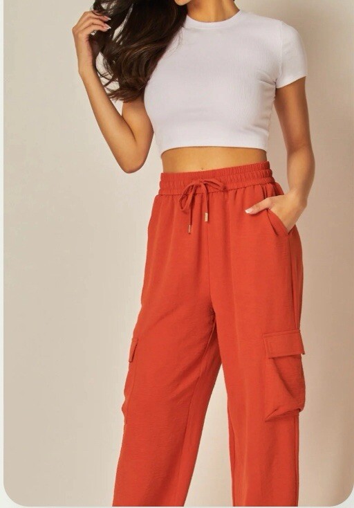 Linen Blend Cargo Joggers Womens Small Size M / Orange Pants