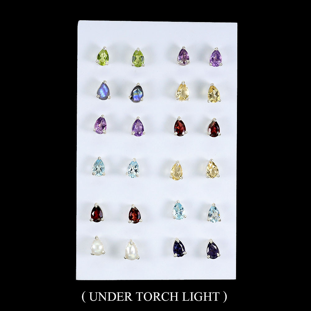 925 Sterling Silver Earrings with Pear Iolite Citrine Topaz 4mm 12 Pairs Birthstone Set