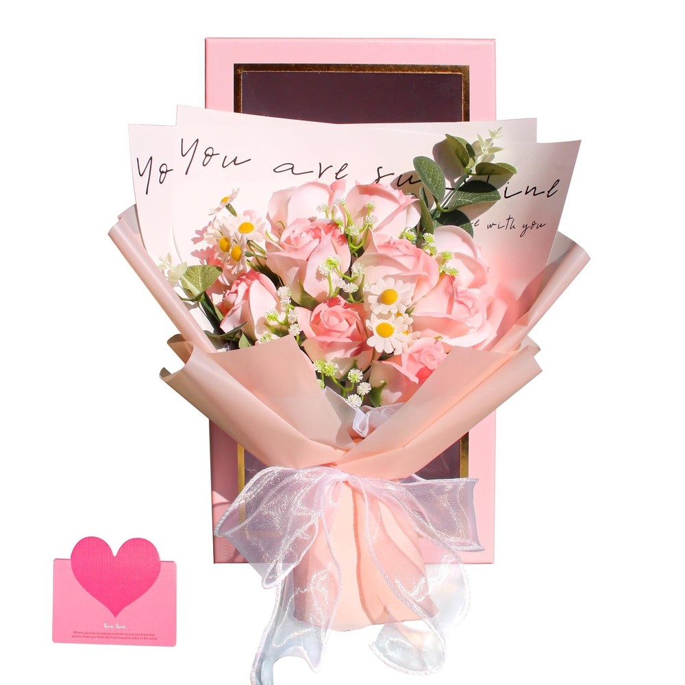 Soap Flower Roses Bouquet with Gift Box Artificial Forever Flowers Pink Rose ...