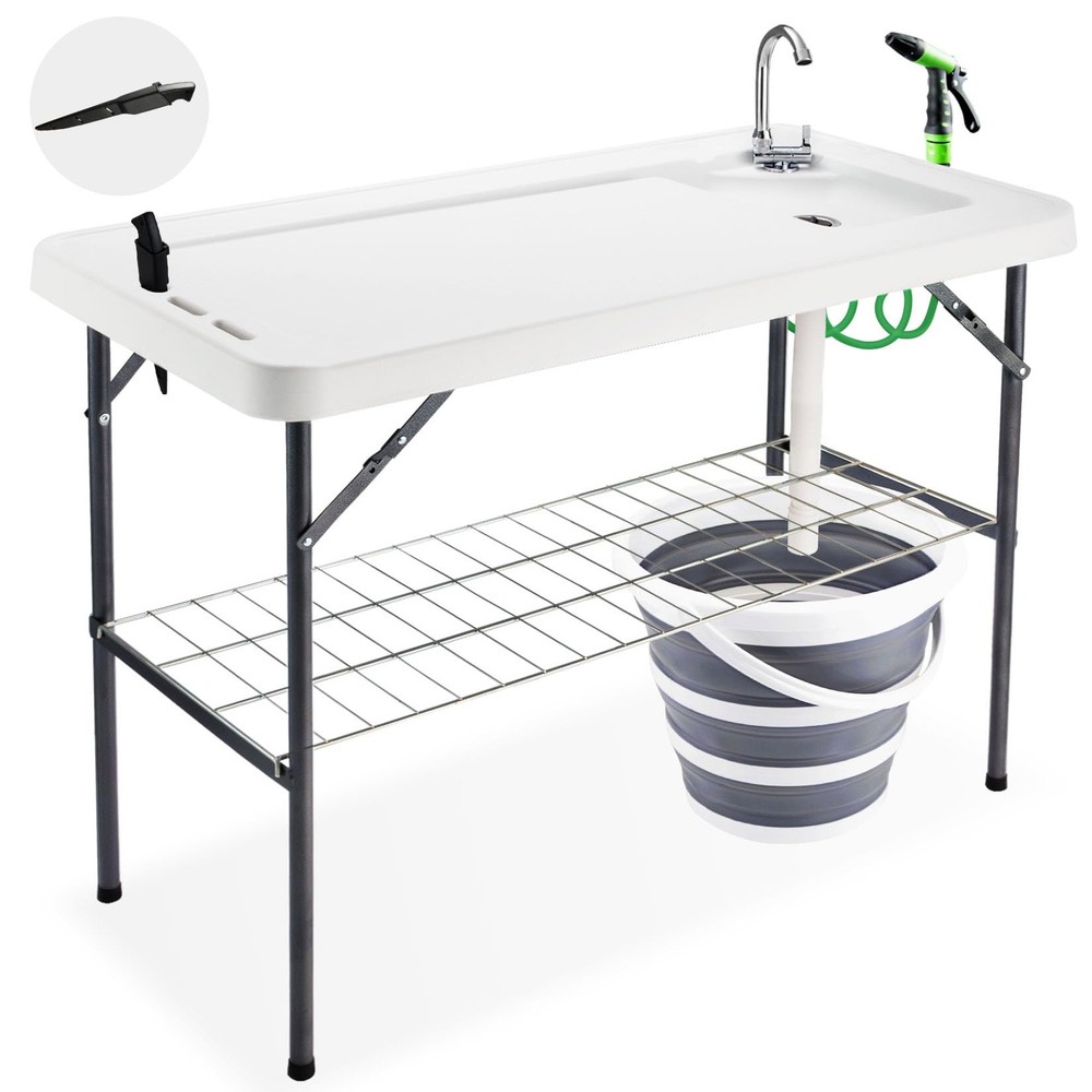 Folding Fish Cleaning Table with Collapsible Bucket for Portable Outdoor Fillet Prep