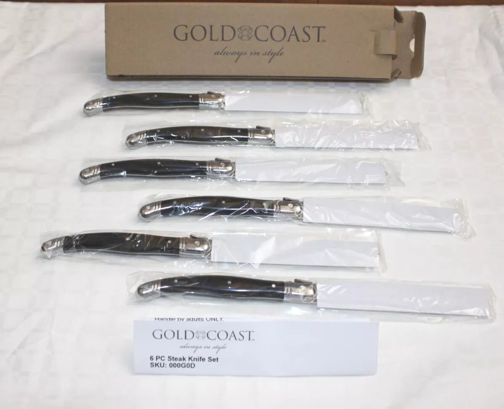 Premium Gold Coast 6-Piece Serrated Steak Knives with Black Handles