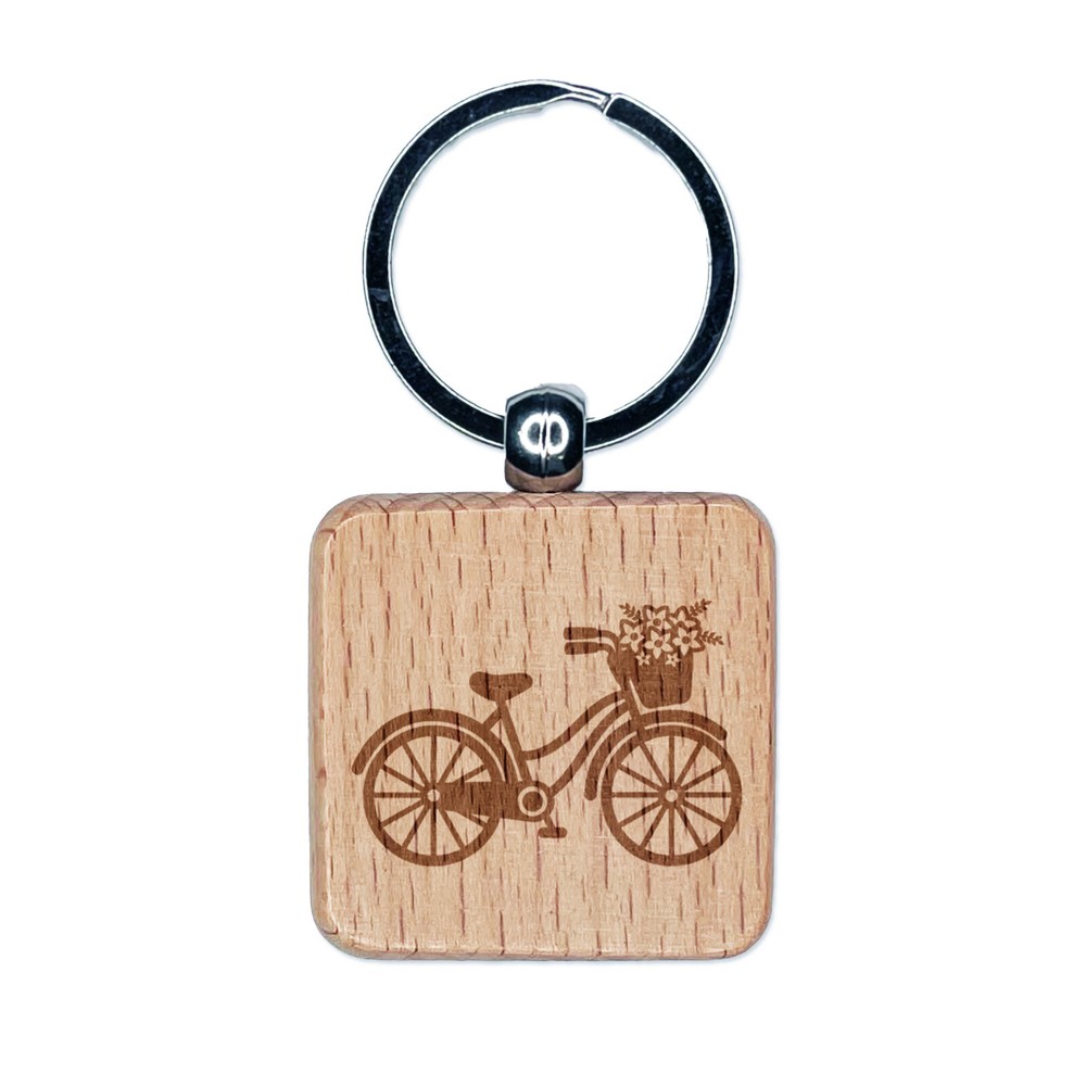 Flower-Engraved Wooden Bike Keychain Charm - Square Design