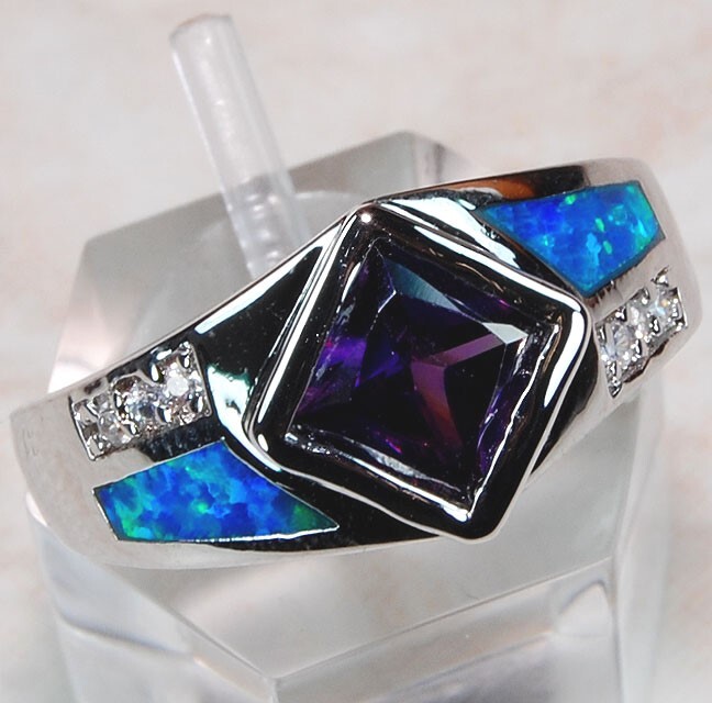 1CT Amethyst & Australian Opal Inlay 925 Sterling Silver Ring Sz 6 BA2