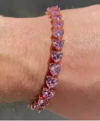 15CT Heart Cut Lab-Created Pink Sapphire Tennis Bracelet 14K Rose Gold Plated 7