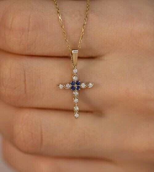 0.50Ct Round Cut Simulated Sapphire Holy Cross Pendant In 14K Yellow Gold Plated
