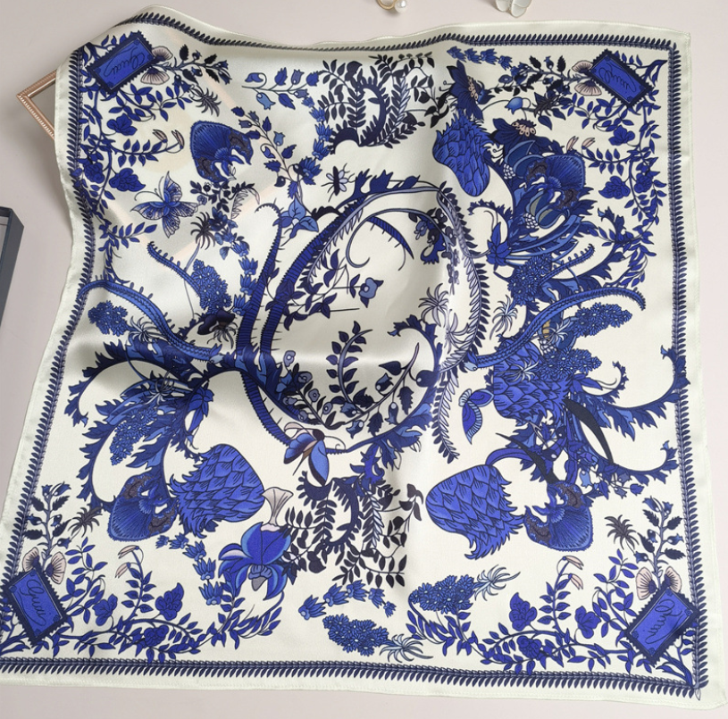 100% Mulberry Silk Bandanna Shawl Scarf Wrap in Purple Reed Print 21 Inches