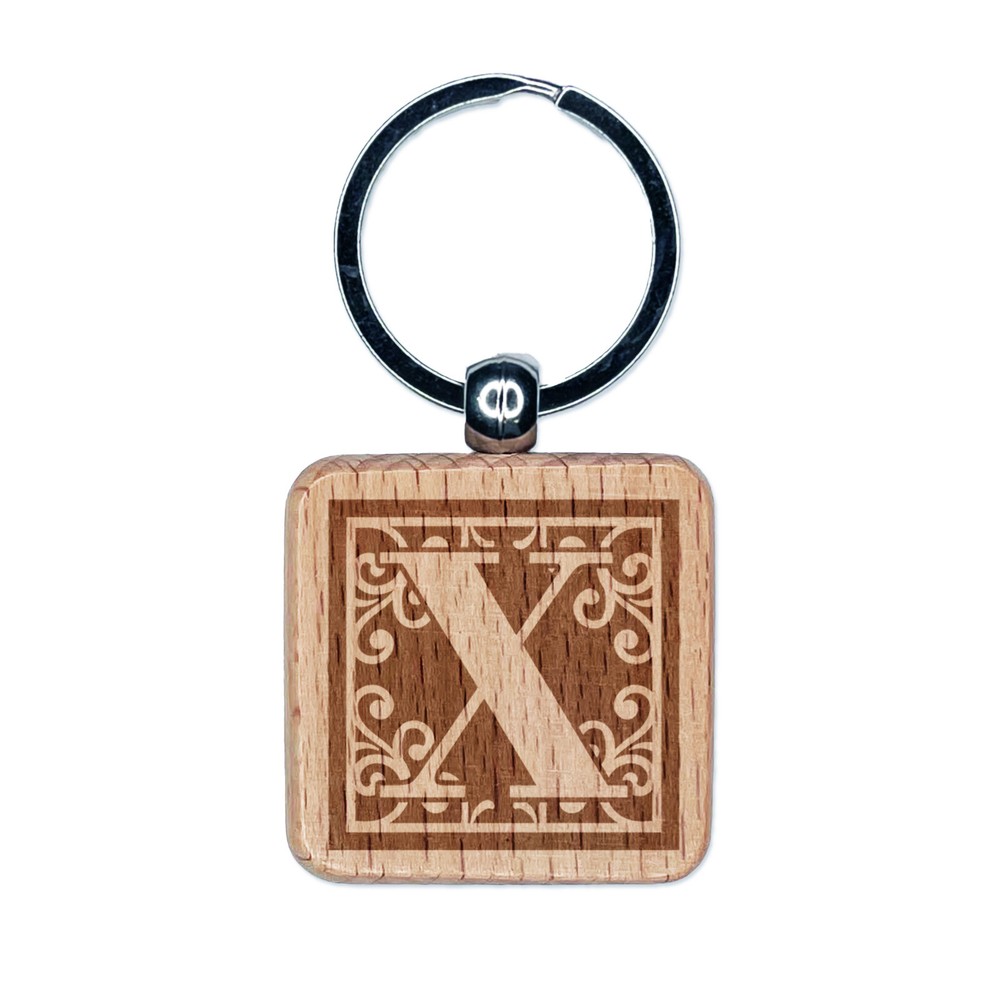 Monogram Swirls Engraved Wooden Keychain Charm with Capital Letter X