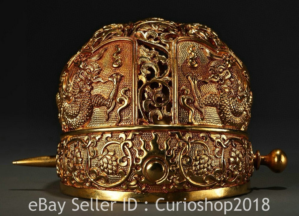 4 Inch 24K Gold Feng Shui Dragon Crown Statue Chinese Dynasty Decor