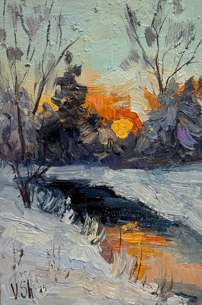 Original Oil Painting Winter Sunset Landscape Forest Impressionism Art Signed