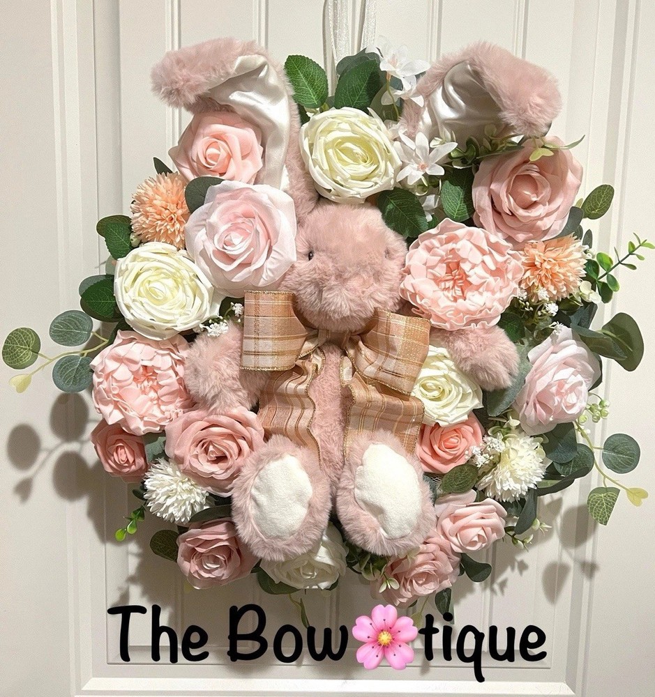 Handmade Floral Bunny Spring Wreath with Silk Flowers and Ribbon 22 Inches Wide