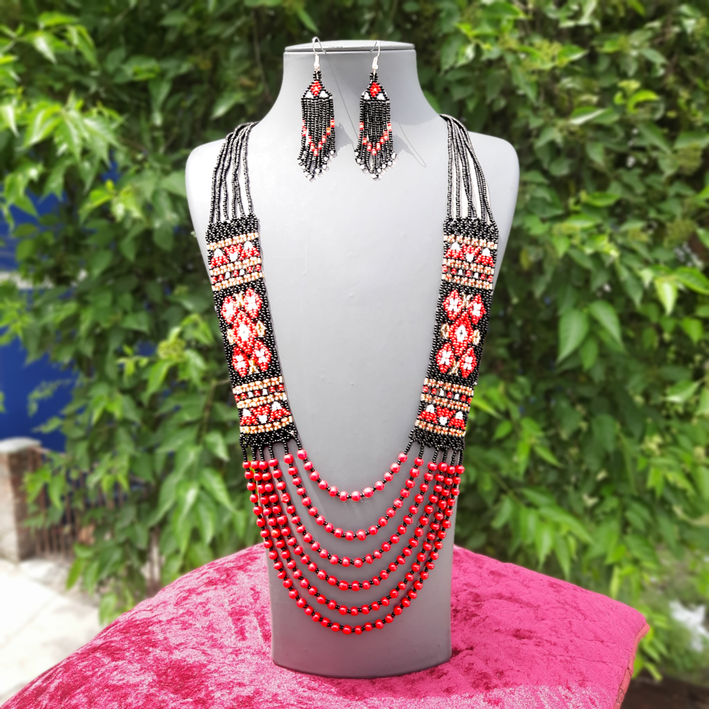 Handmade Boho Seed Bead Necklace with Native American Style Multi Strand Earrings