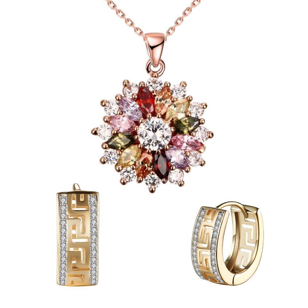 Colorful Snowflake Pendant Necklace with Double Row Hoop Earring Set in 18K