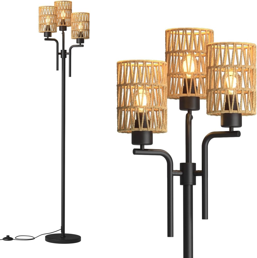 Boho Rattan 3-Light Floor Lamp with Adjustable Tripod Base  