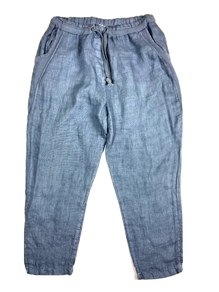 Gigi Moda Pants 100% Linen Crop Tapered Leg Blue Drawstring Pockets Size Small