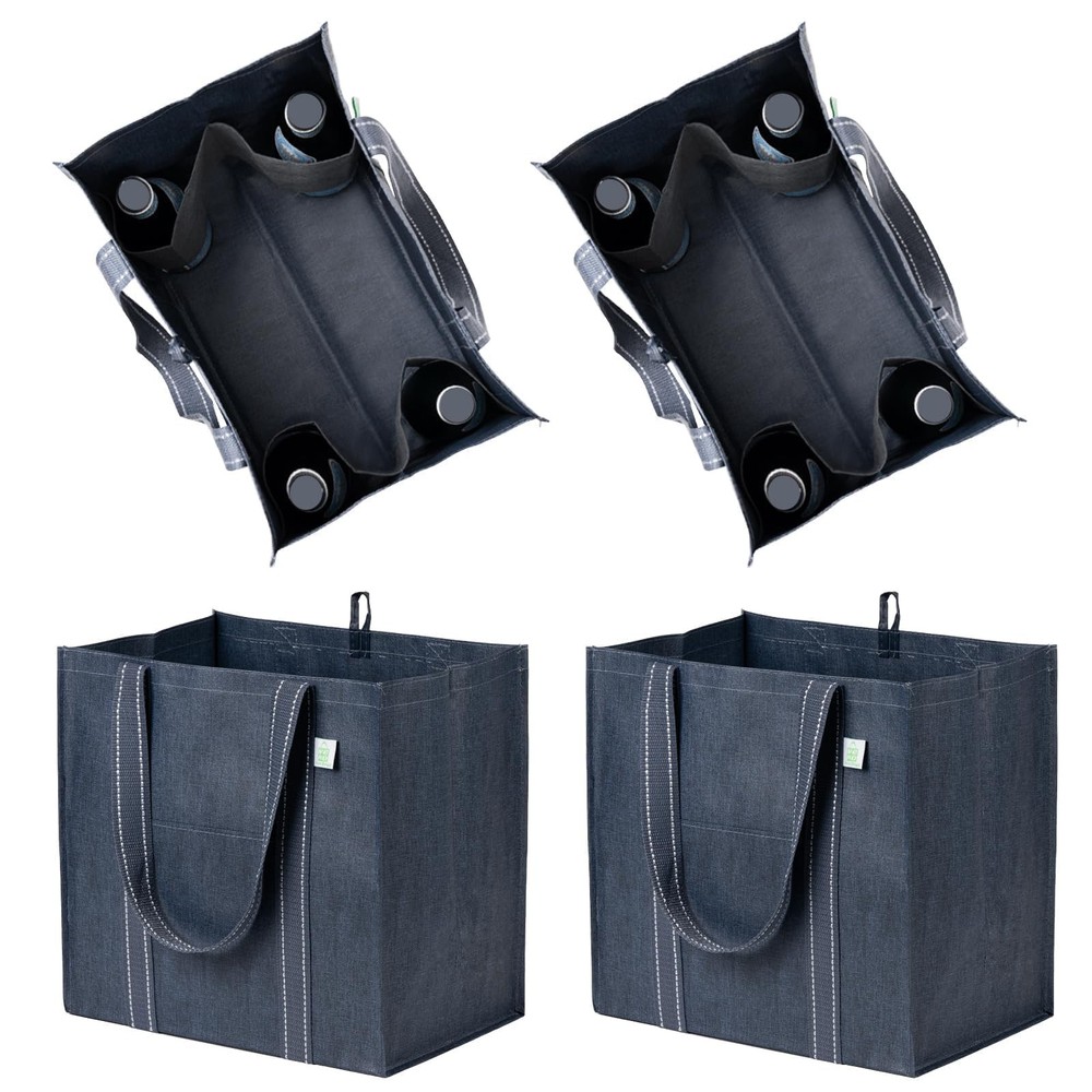 VENO 4-Pack Large Reusable Grocery Tote Bags with 4 Pockets & Handle