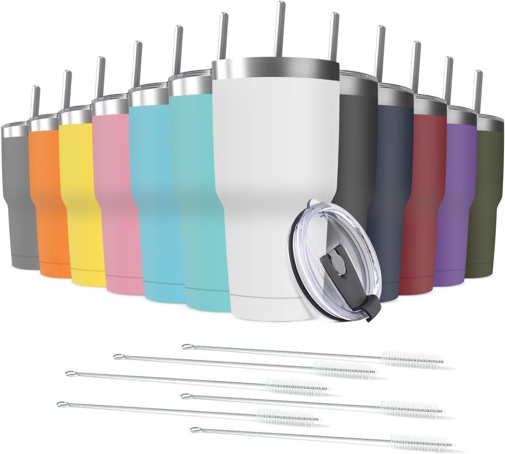 Multicolor Insulated Travel Mug - 30oz Powder Coated Tumbler with Lid & Straw