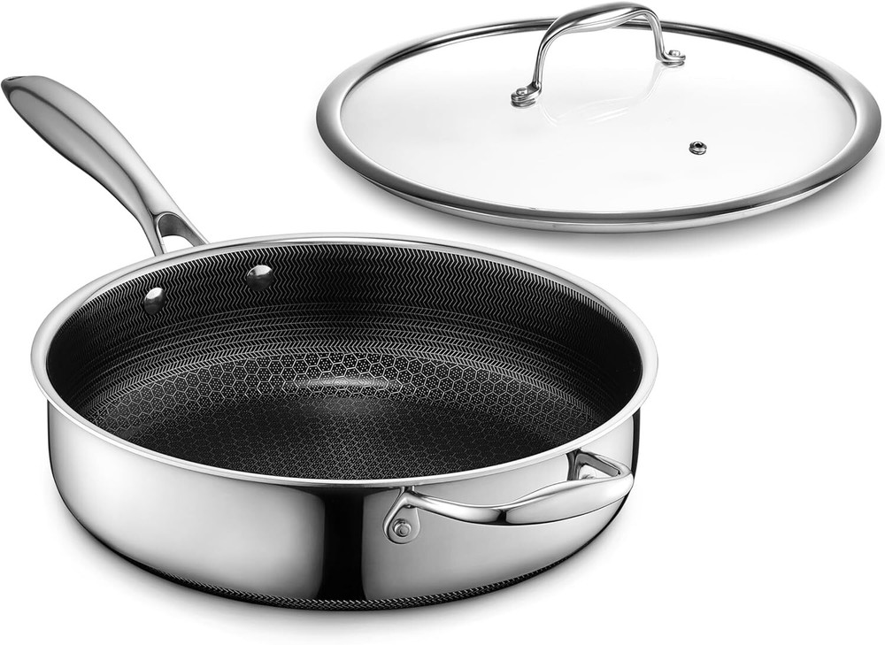 HexClad Hybrid Nonstick 3.3 Qt Deep Sauté Pan and Lid, Dishwasher and Oven-Safe