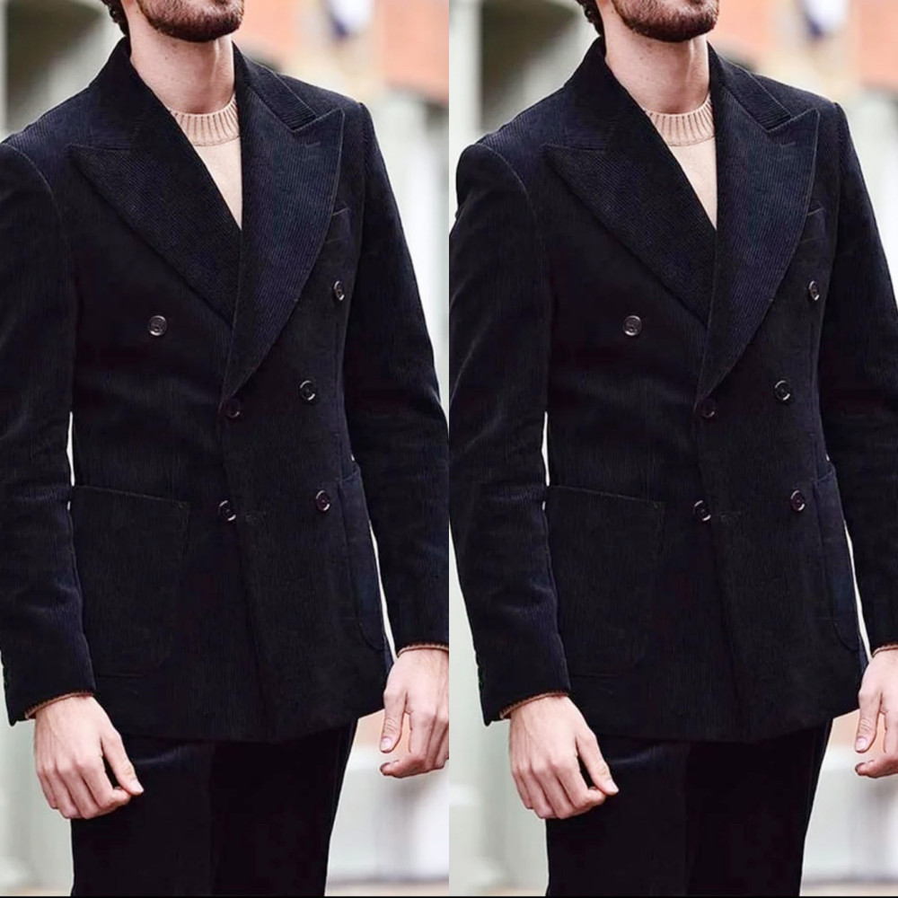 Corduroy Black Men's Suit Business Warm Offical 2Pcs Peak Lapel  Tuxedo Jacket