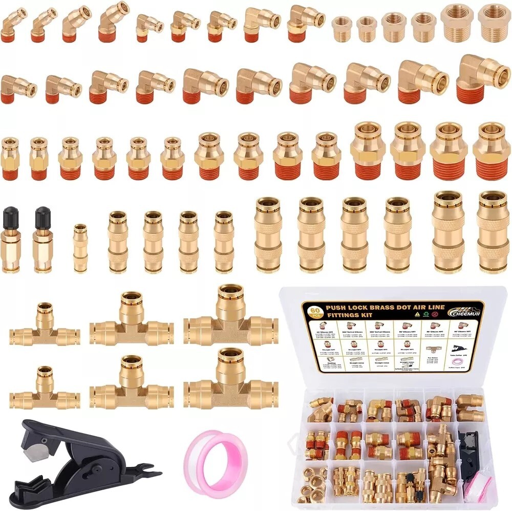 60-Piece Brass DOT Air Line Fittings Kit with Push Lock & Quick Connect NPT