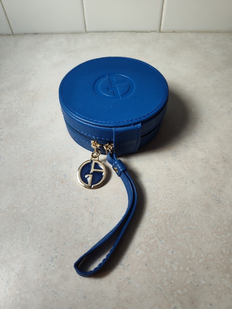 Giorgio Armani Beauty Bag small makeup hard purse pouch blue faux leather fob