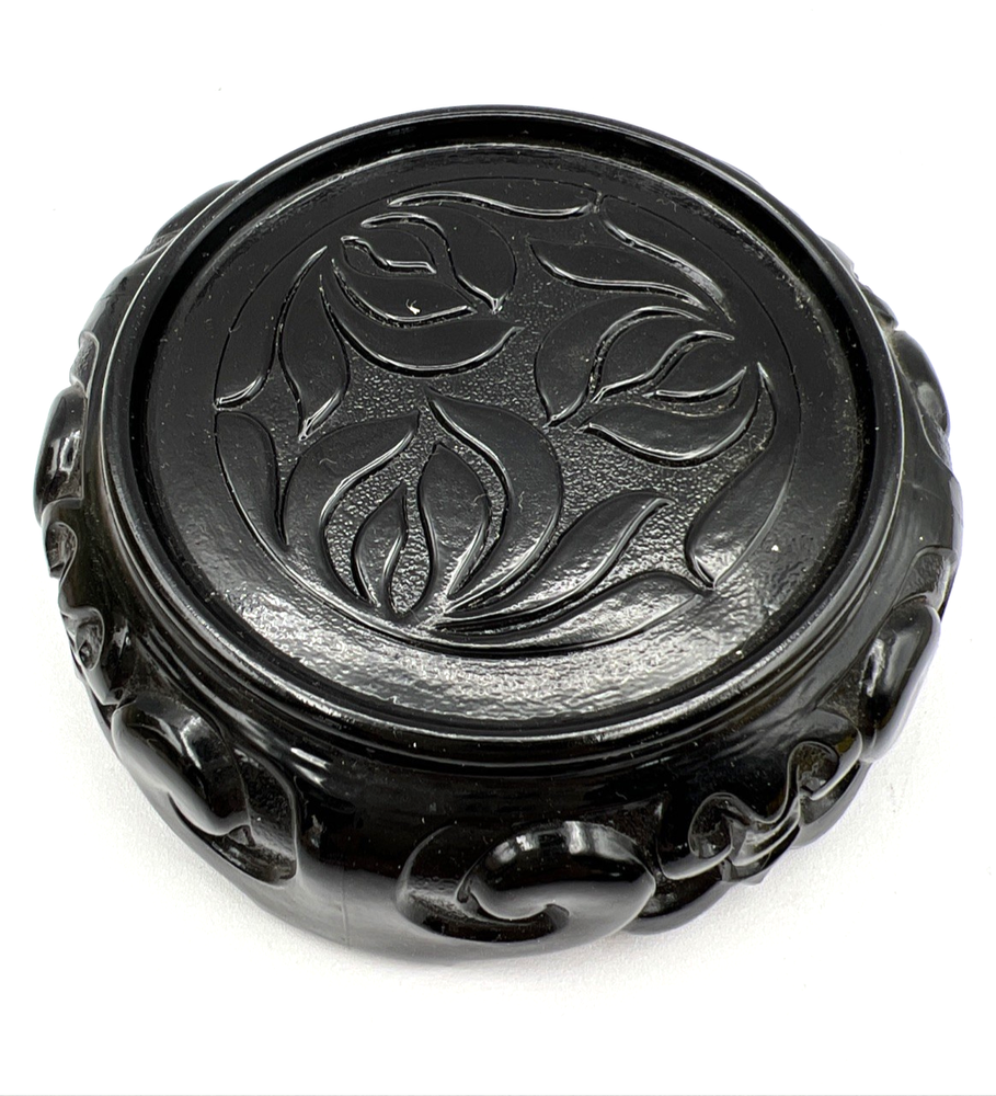 Fenton Black Glass Ogee Floral Scroll Pedestal Display Stand in Perfect Condition