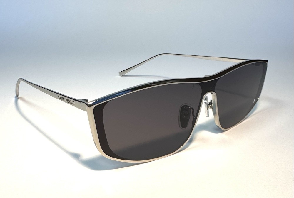 Saint Laurent Rectangle Gray Lenses Polished Silver Metal Frame