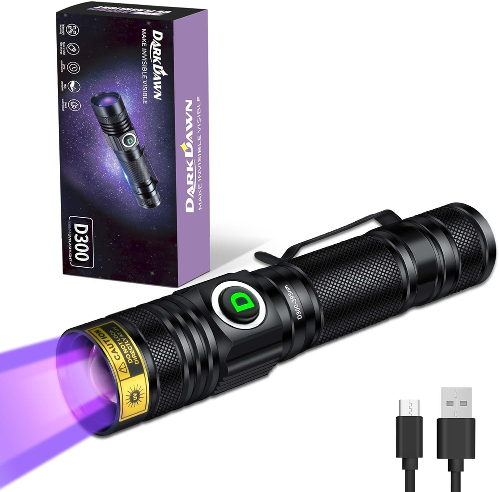 DarkDawn 395Nm UV Flashlight USB Rechargeable LED Blacklight Woods Lamp  