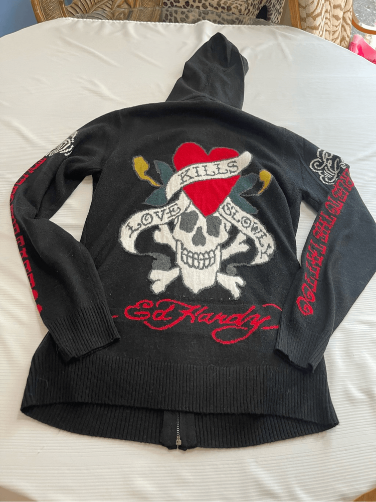 Ed Hardy By Christian Audigier Zip Up Skull Black Hoodie Size Medium