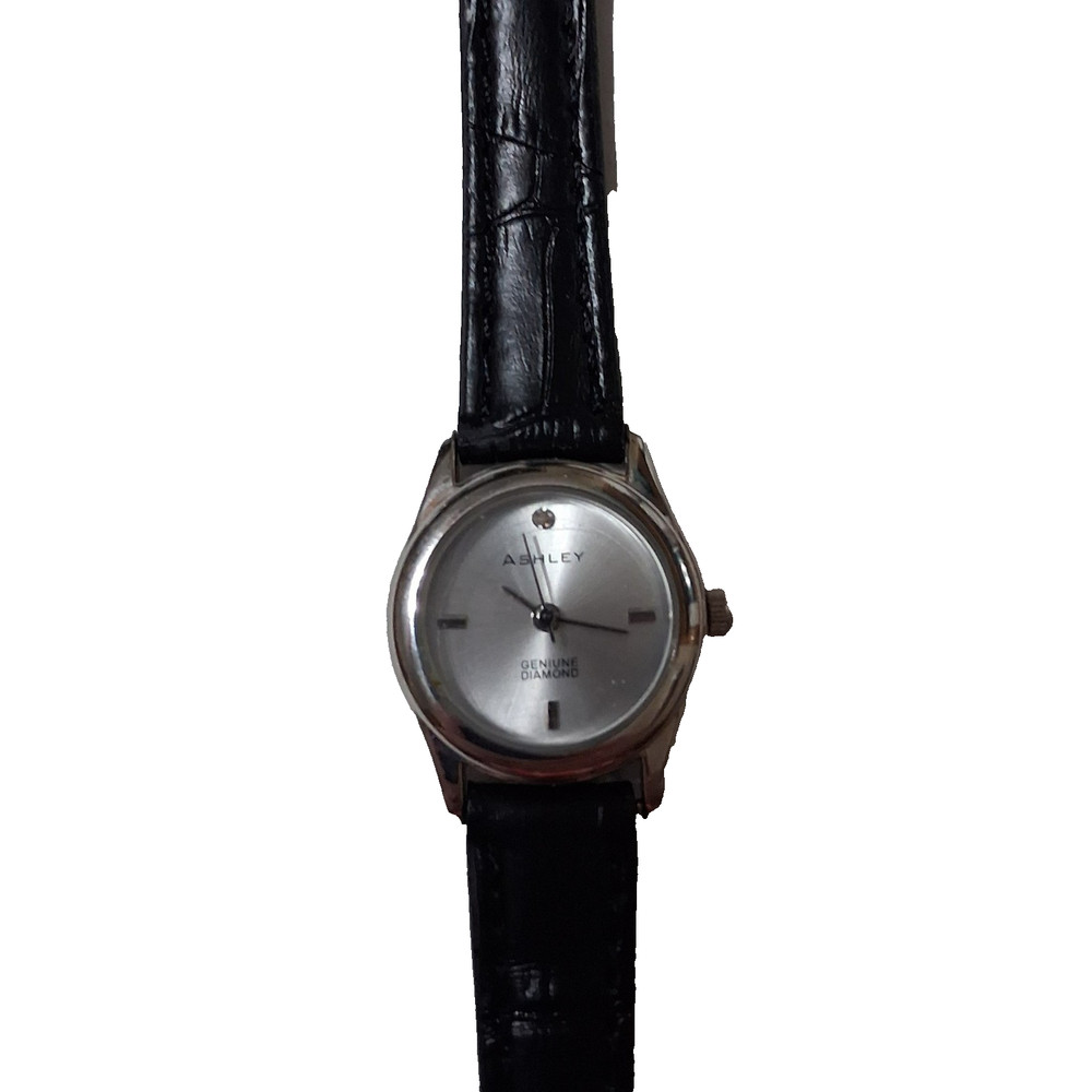 Ashley Women's Black Leather Band Genuine Diamond Watch New Battery Works!