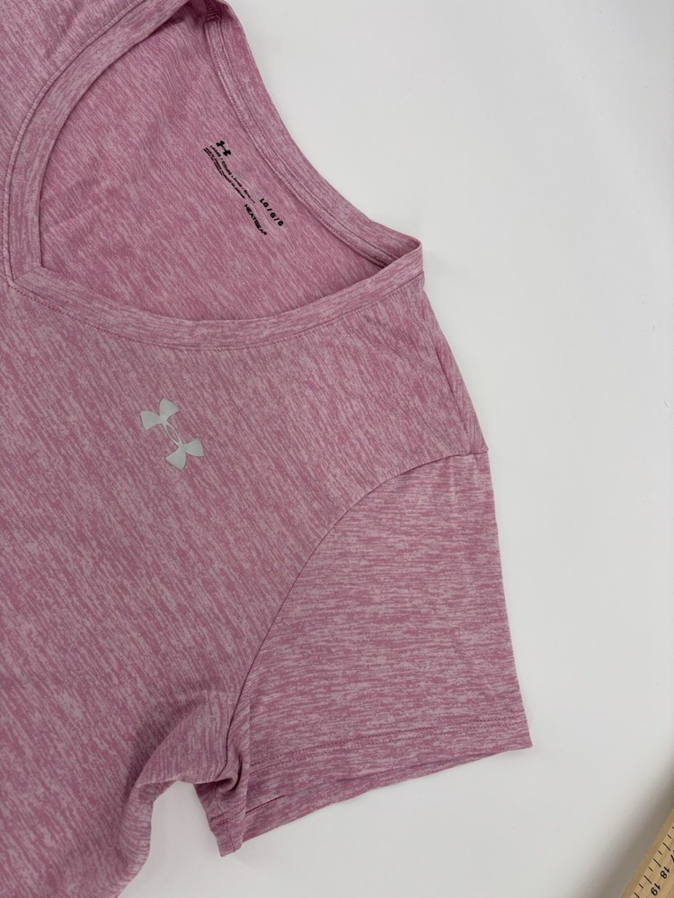 Under Armour HeatGear Women's Large V-Neck T-Shirt Pink Heathered Loose Fit Tech
