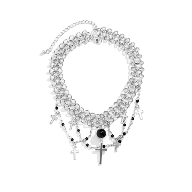 Black Beads Strands Pendant Neckchains Punk Cross Pendant Necklace Jewelry