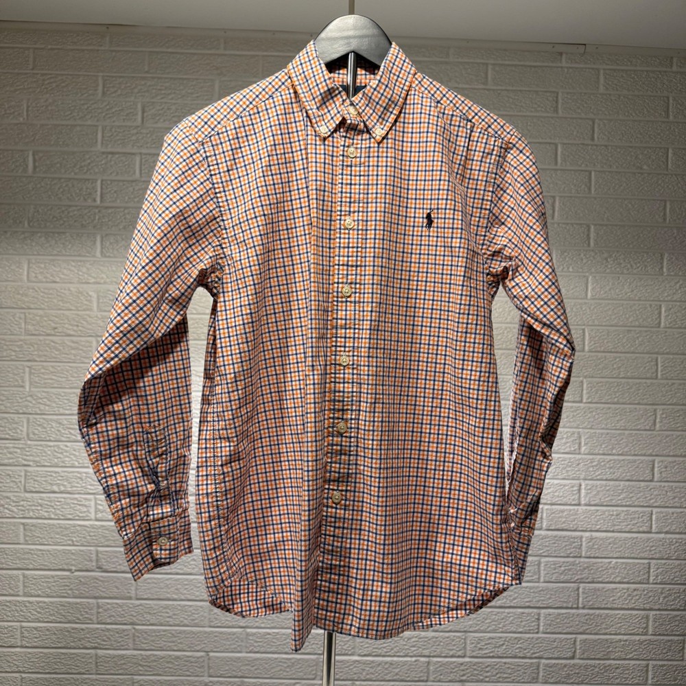 Kids Ralph Lauren Orange Blue Plaid Long Sleeve Button Down Shirt Size L 14-16