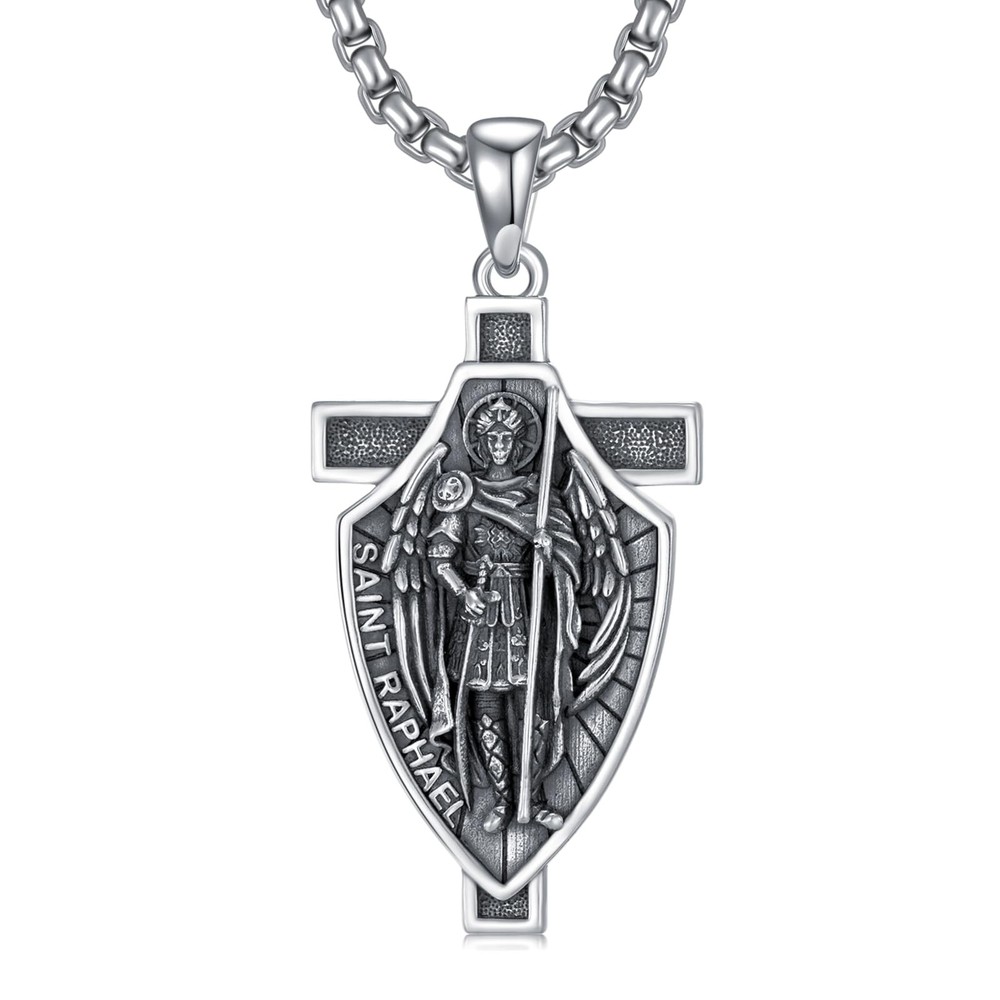 St Raphael Necklace for Men - 925 Sterling Silver Archangel Cross Pendant