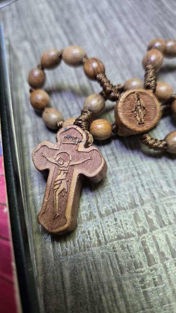 Handmade Wooden Christian Rosary with Hand-Carved Cross Prayer Beads