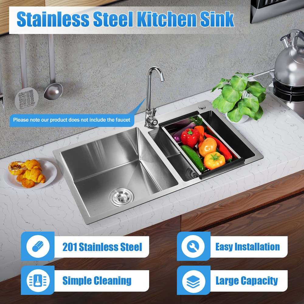 30-Inch Double Bowl Stainless Steel Drop-In Kitchen Sink with Composite Design