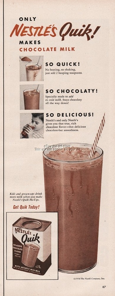 1954 Vintage Nestle Quik Chocolate Milk Powder Tin Ad Retro Magazine Art  