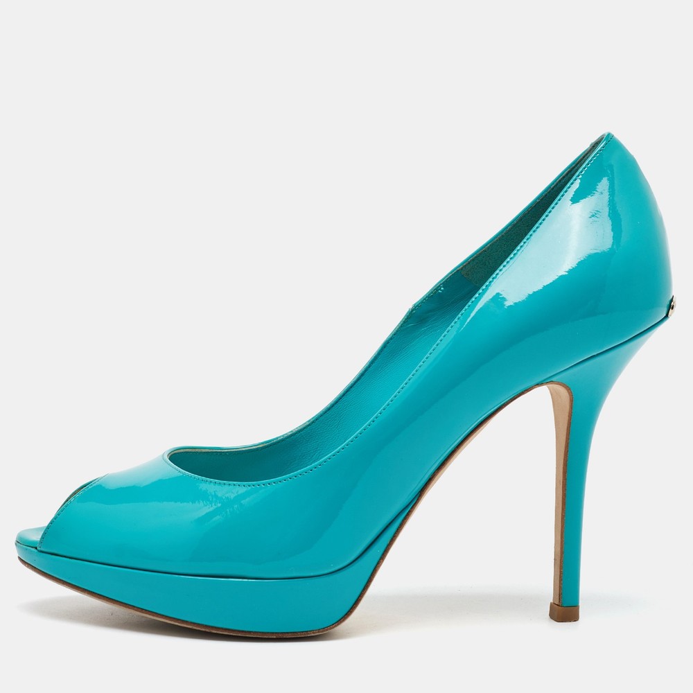 Dior Blue Patent Leather Miss Dior Peep Toe Platform Pumps Size 38