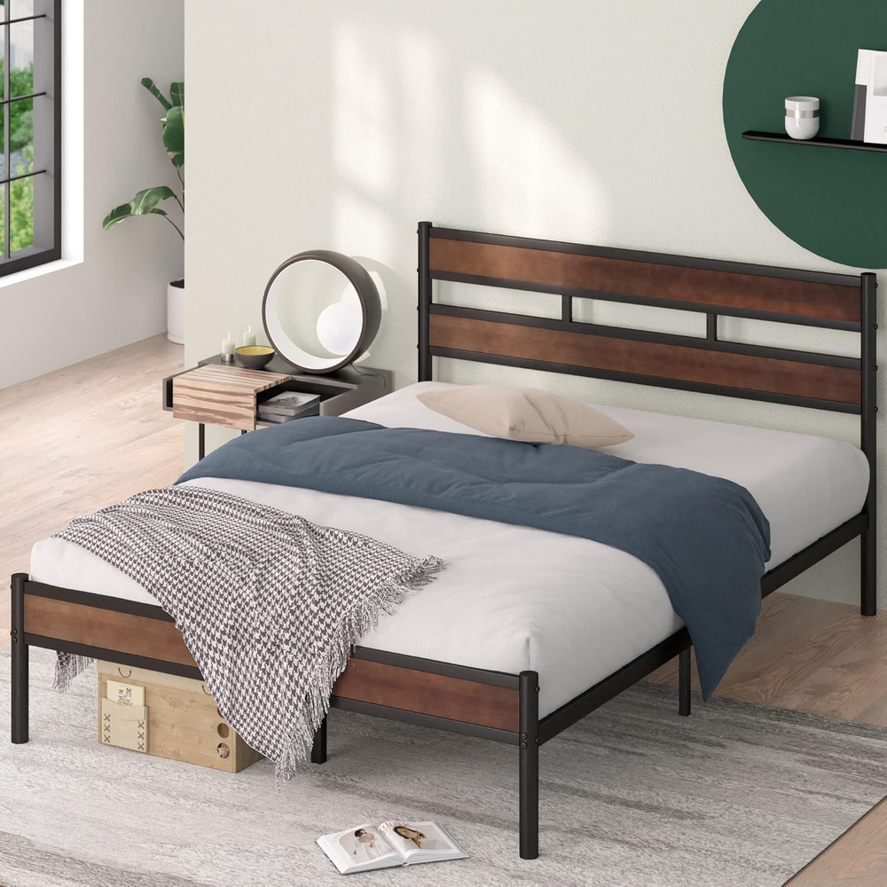Roman Bamboo and Metal Platform Bed Frame, No Box Spring Needed, Easy Assembly,