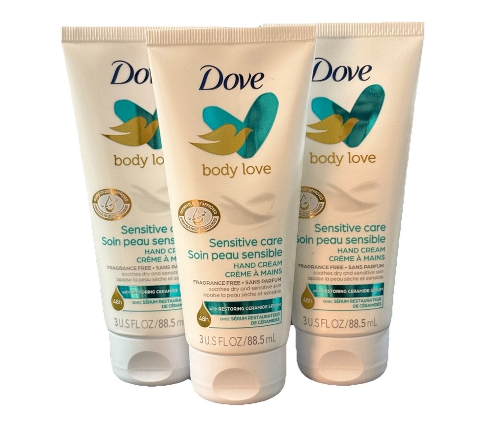 3 PACK Dove Body Love 48h Sensitive Care Hand Cream, Restoring Ceramide Serum