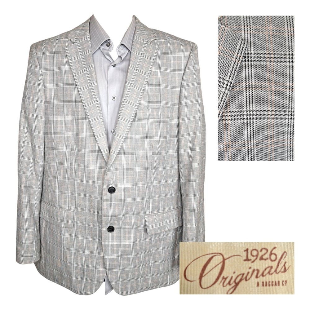 Haggar 1926 Sport Coat Blazer Mens 44L Gray Plaid  Double Vented