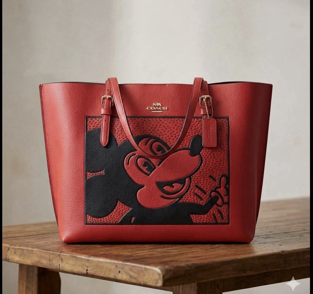 COACH Disney Mickey Mouse X Keith Haring C7233 Mollie Tote Red Leather