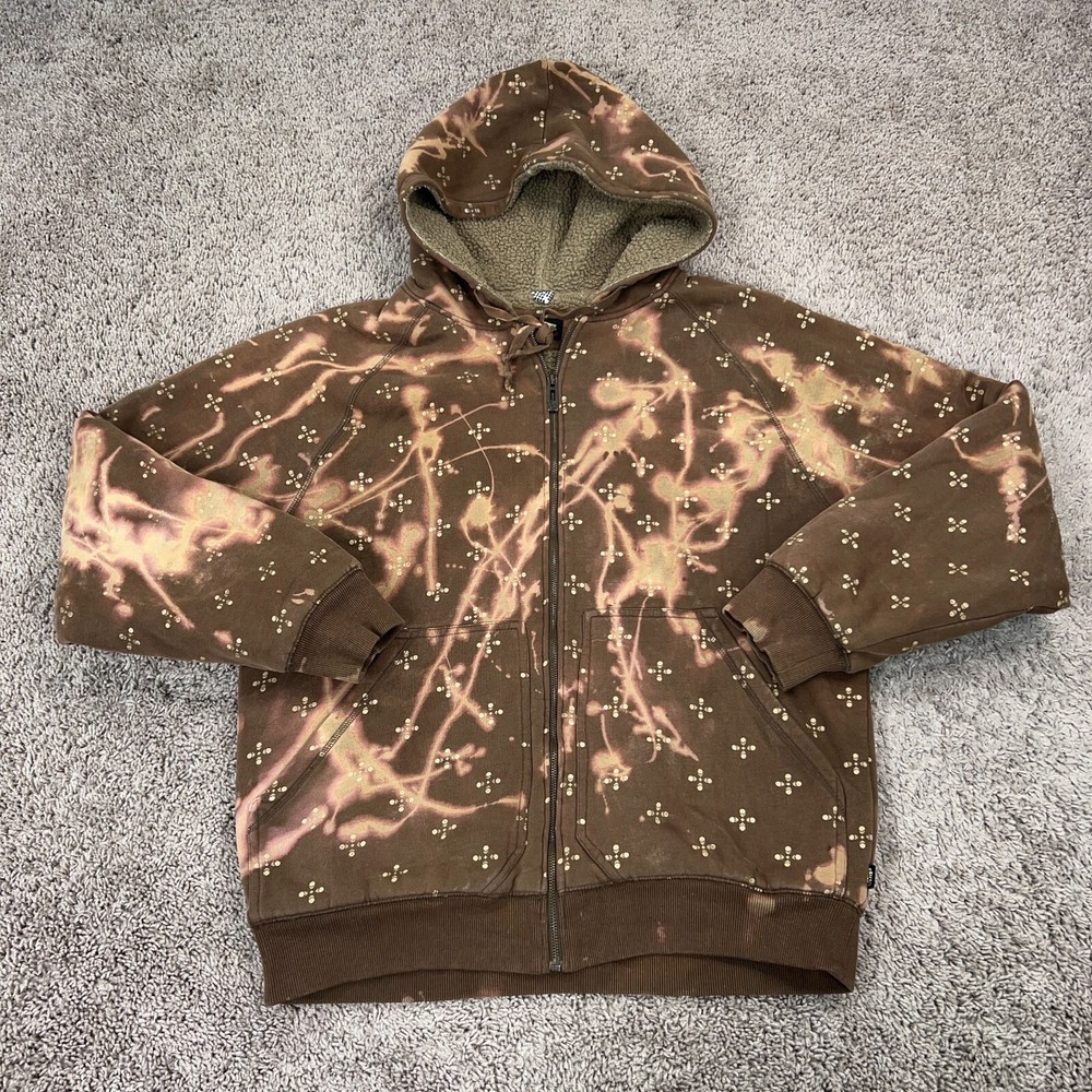 Vans Jacket Mens XL Brown Bleached Skulls Full Zip Sherpa Lined Hoodie Skate Y2K