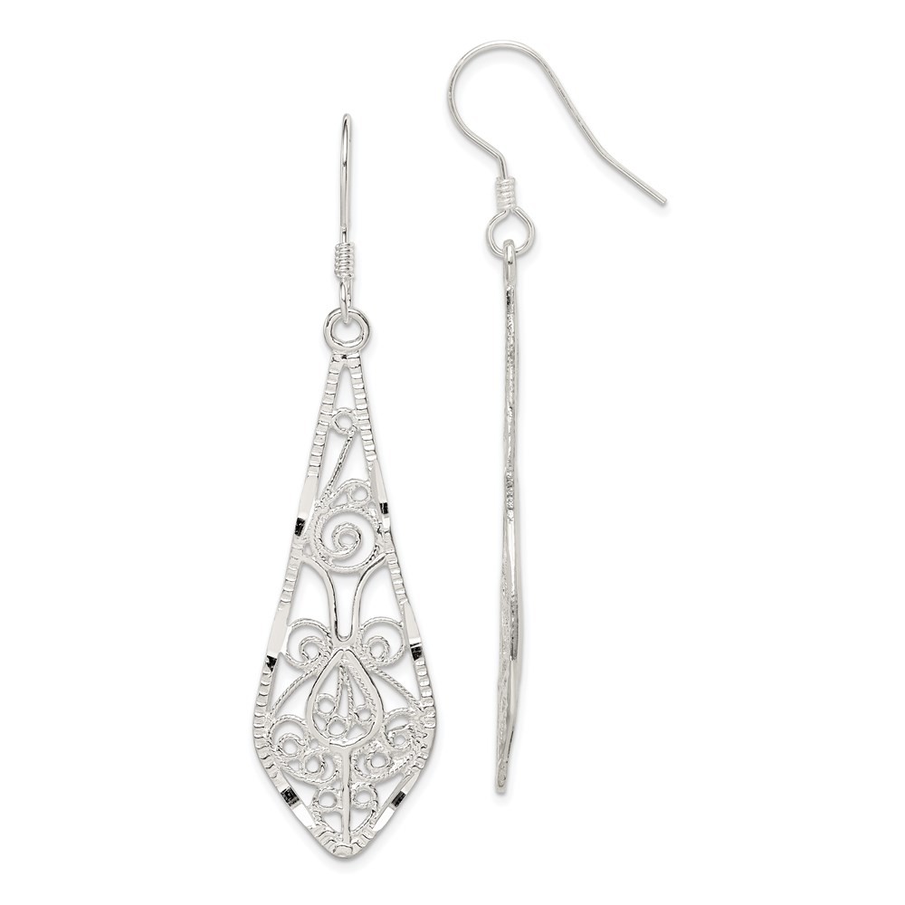 Sterling Silver Polished Diamond-cut Filigree Elongated Drop & Dangle Earrings