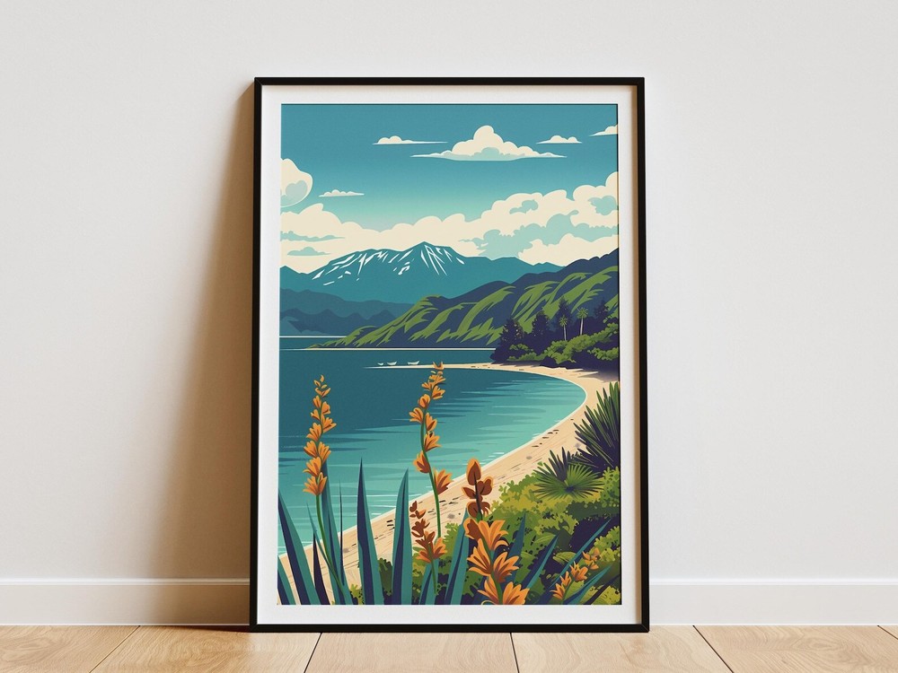 Lake Taupo New Zealand Mountain Landscape Illustration Poster Mid Century